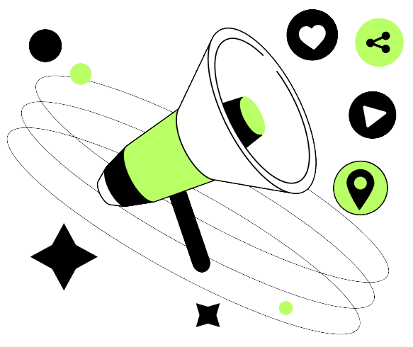 Illustration of a megaphone with share, location, and heart icons, representing digital marketing services like SEO, PPC, social media, and content creation.